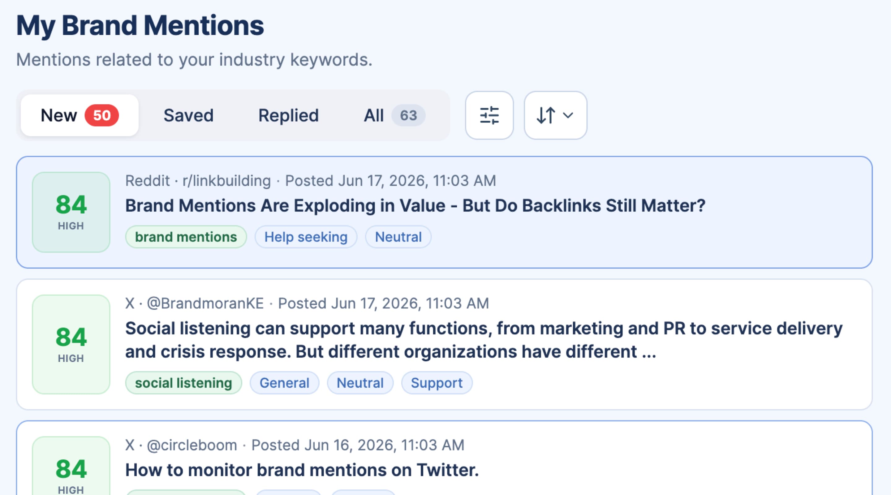 SignalMelo X mention inbox with posts sorted for reply